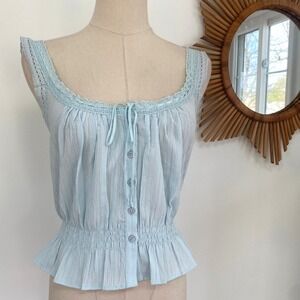 American Eagle Blue Lace Trim Button Up Milkmaid Tank Top XS Cropped Cottagecore